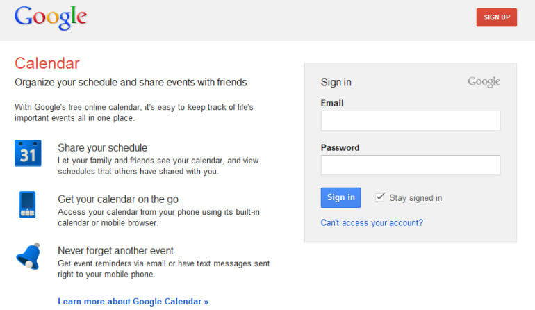 Google Calendar Login Page